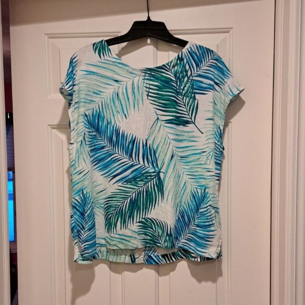 Tahari Linen Tropical Top Women's L Back Button Palm Print Vacation Boxy Beachy
